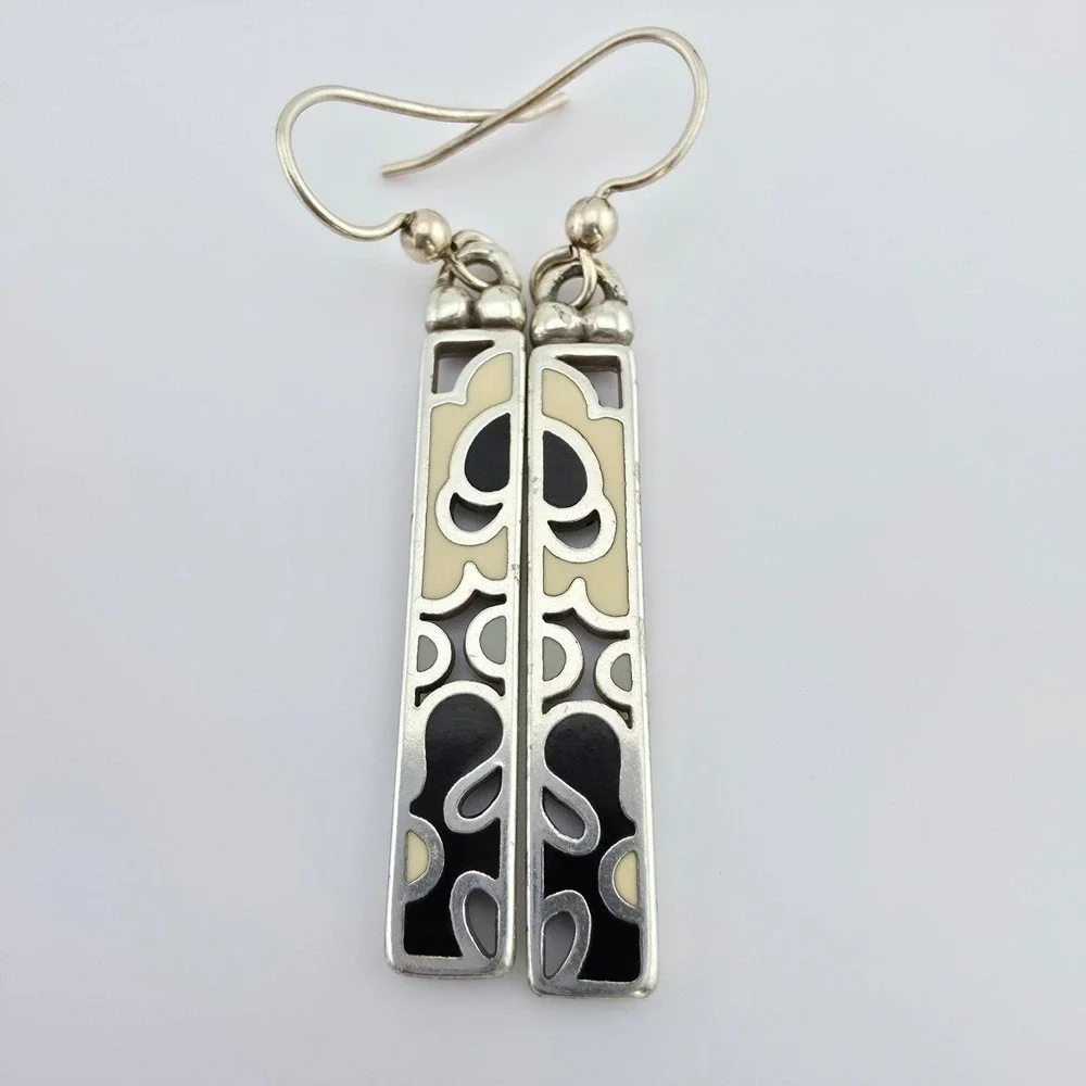 BRIGHTON 'Spring Hill' Earrings Black Cream Enamel Etched Drop Silver Plate 2